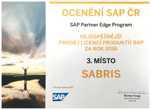 Sabris 3 misto za nejuspesnejsi prodej SAP licenci 2016 small - Společnost Sabris CZ opět dosáhla statusu SAP Gold Partner - sabris.com